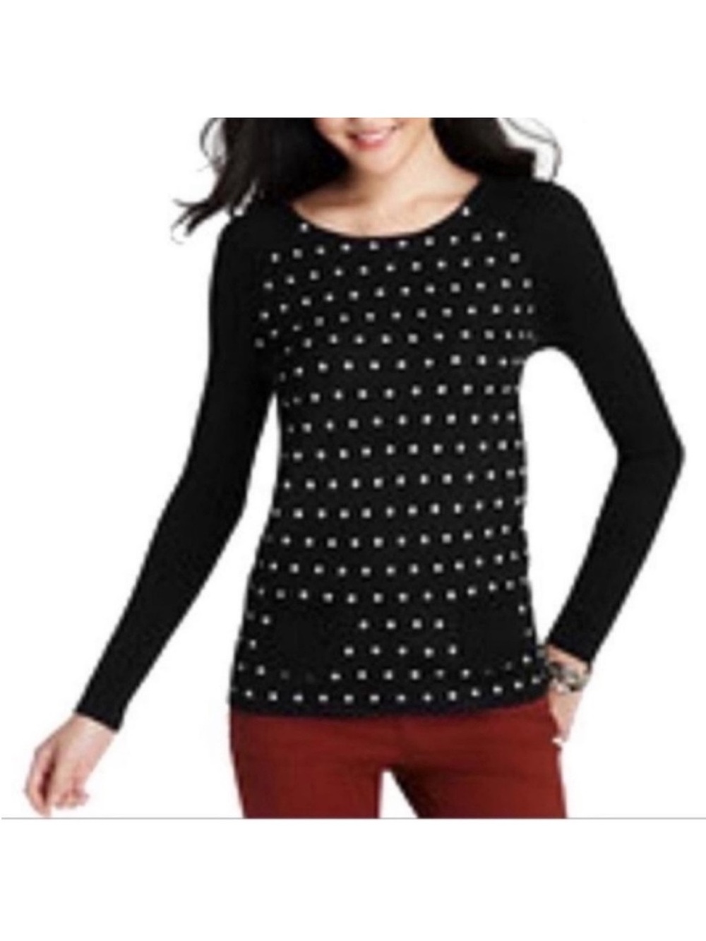 LOFT Wool Blend Knit Polka dot Sweater Sz S Black White Boatneck